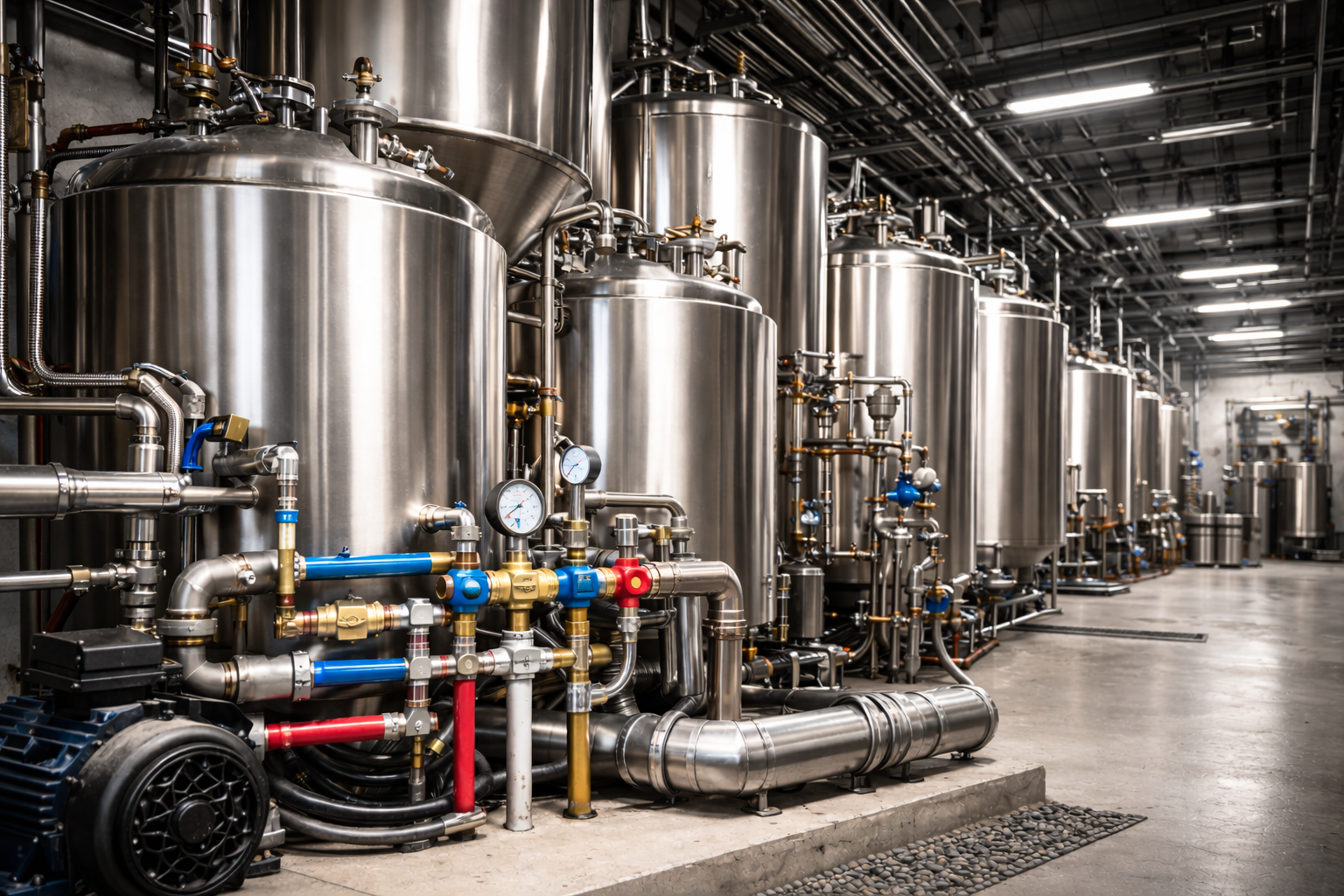 industrial brewery piping and fermentation tanks.png